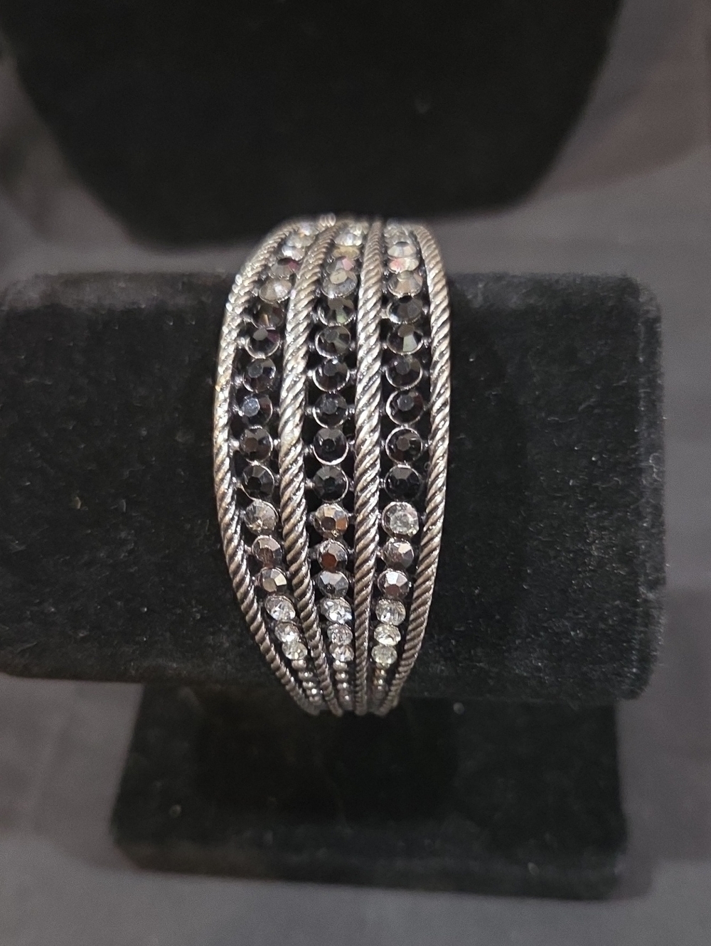 Silver-Tone Black and Silver Crystal Multi-Row Fashion Bracelet